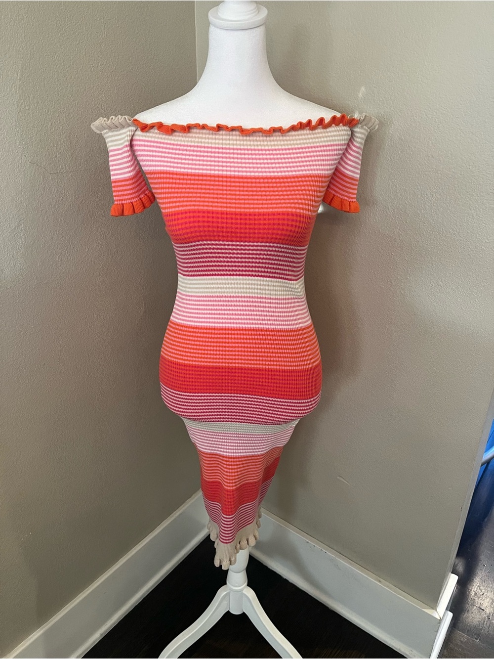Off-Shoulder Striped Midi Dress in Pink and Orange